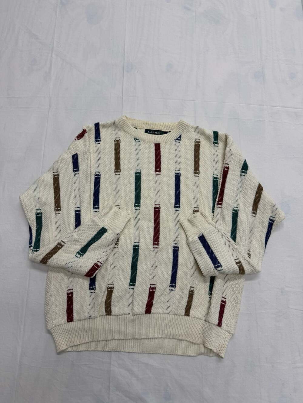 Vintage Carmel Men's Textured Knit Crewneck Sweater Multi-Color Striped